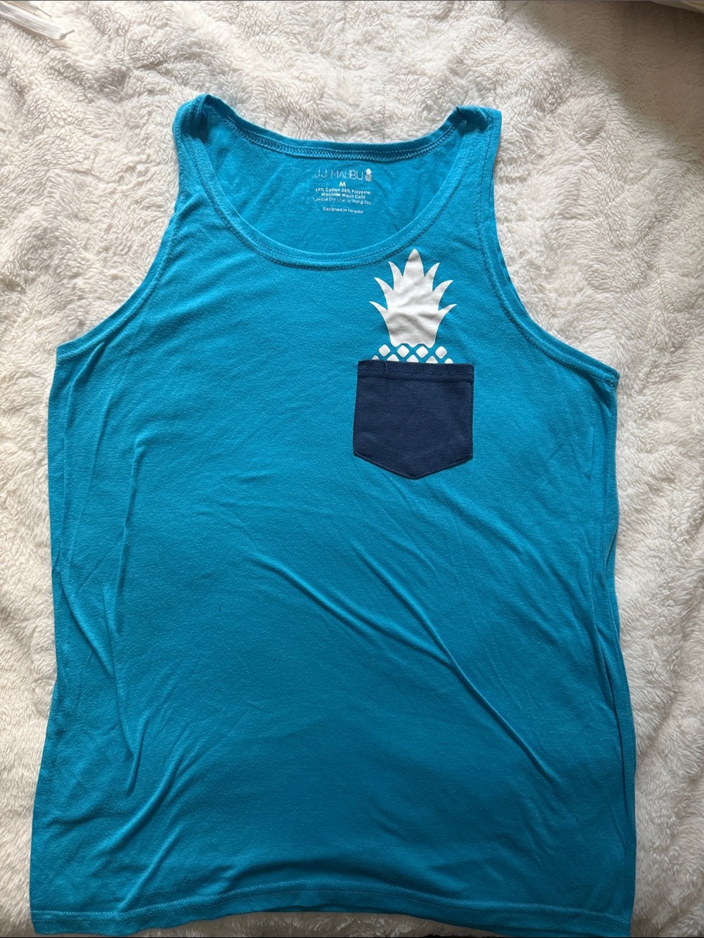 JJ Malibu Teal Tank Top with Navy Pocket and White Pineapple  Medium